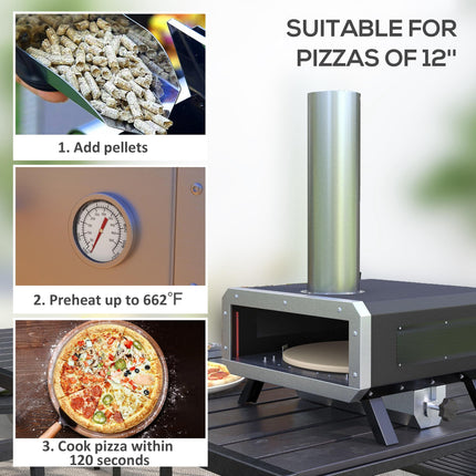 Portable Wood Fired Pizza Oven with Rotating Stone for Outdoor Cooking - Silver