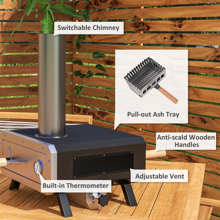 Portable Wood Fired Pizza Oven with Rotating Stone for Outdoor Cooking - Silver