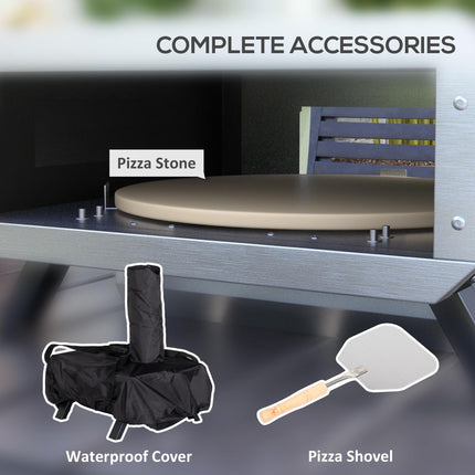 Portable Wood Fired Pizza Oven with Rotating Stone for Outdoor Cooking - Silver