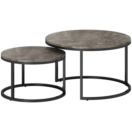 Industrial Nesting Round Coffee Table Set of 2 with Faux Marbled Top and Steel Frame - Brown & Black