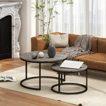 Industrial Nesting Round Coffee Table Set of 2 with Faux Marbled Top and Steel Frame - Brown & Black