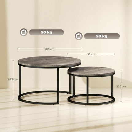 Industrial Nesting Round Coffee Table Set of 2 with Faux Marbled Top and Steel Frame - Brown & Black