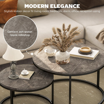 Industrial Nesting Round Coffee Table Set of 2 with Faux Marbled Top and Steel Frame - Brown & Black