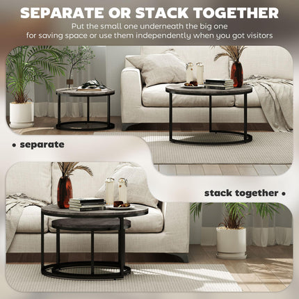 Industrial Nesting Round Coffee Table Set of 2 with Faux Marbled Top and Steel Frame - Brown & Black