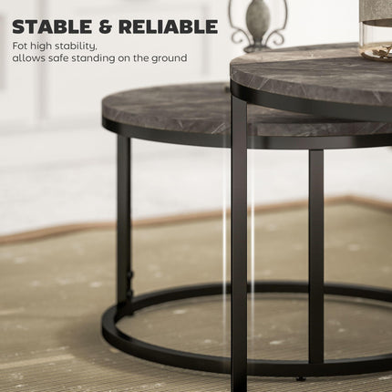 Industrial Nesting Round Coffee Table Set of 2 with Faux Marbled Top and Steel Frame - Brown & Black