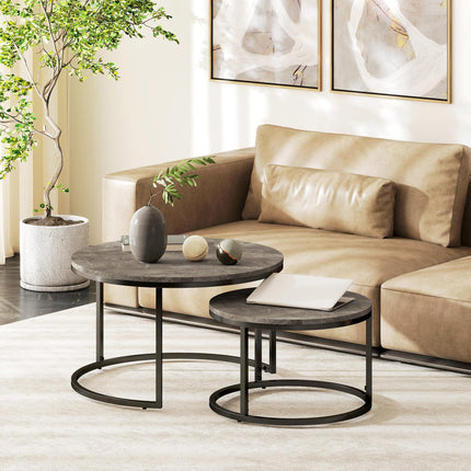 Industrial Nesting Round Coffee Table Set of 2 with Faux Marbled Top and Steel Frame - Brown & Black