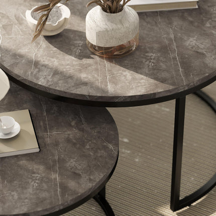 Industrial Nesting Round Coffee Table Set of 2 with Faux Marbled Top and Steel Frame - Brown & Black