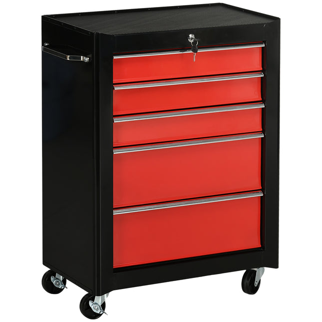 5-Drawer Lockable Steel Tool Chest with Wheels and Handle for Garage Workshop - Red