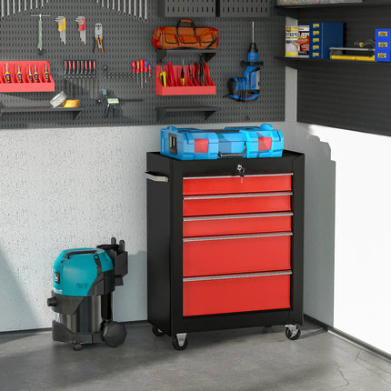 5-Drawer Lockable Steel Tool Chest with Wheels and Handle for Garage Workshop - Red