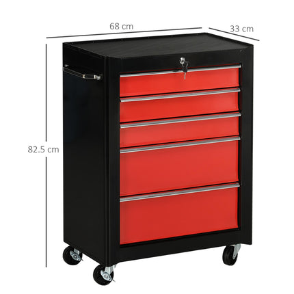 5-Drawer Lockable Steel Tool Chest with Wheels and Handle for Garage Workshop - Red