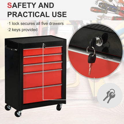5-Drawer Lockable Steel Tool Chest with Wheels and Handle for Garage Workshop - Red