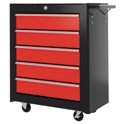 5-Drawer Lockable Steel Tool Chest with Wheels and Handle for Garage Workshop - Red