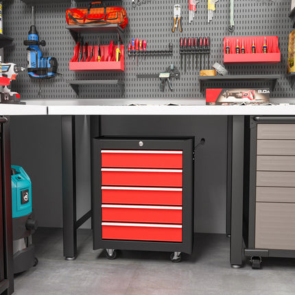 5-Drawer Lockable Steel Tool Chest with Wheels and Handle for Garage Workshop - Red