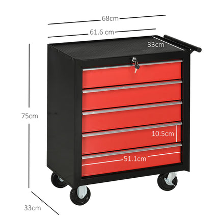 5-Drawer Lockable Steel Tool Chest with Wheels and Handle for Garage Workshop - Red