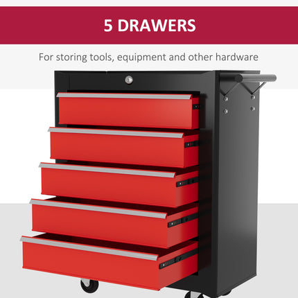 5-Drawer Lockable Steel Tool Chest with Wheels and Handle for Garage Workshop - Red