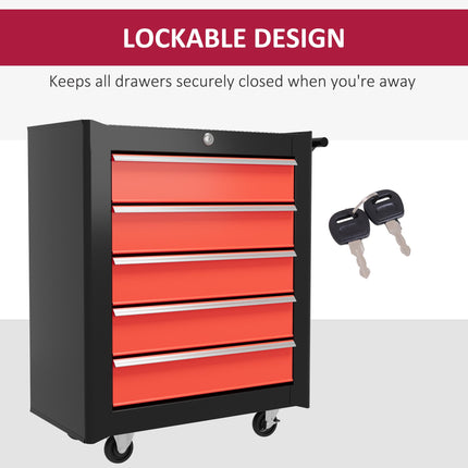 5-Drawer Lockable Steel Tool Chest with Wheels and Handle for Garage Workshop - Red