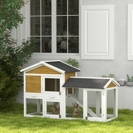 Wooden Double Tier Rabbit Hutch with Water-Resistant Roof and Ramp 147x54x84 cm - Yellow