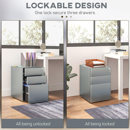 Lockable Rolling Filing Cabinet with 3 Drawers for A4, Letter, Legal Files - Grey