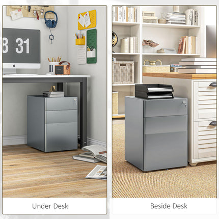 Lockable Rolling Filing Cabinet with 3 Drawers for A4, Letter, Legal Files - Grey