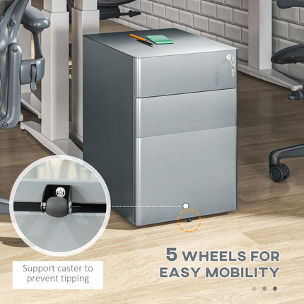 Lockable Rolling Filing Cabinet with 3 Drawers for A4, Letter, Legal Files - Grey