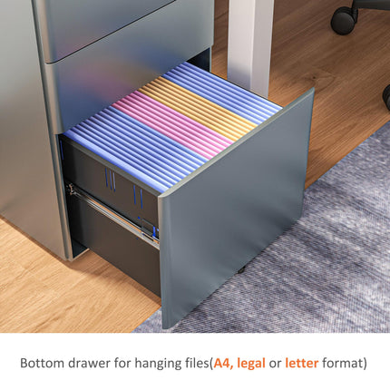 Lockable Rolling Filing Cabinet with 3 Drawers for A4, Letter, Legal Files - Grey