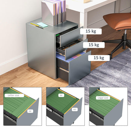 Lockable Rolling Filing Cabinet with 3 Drawers for A4, Letter, Legal Files - Grey