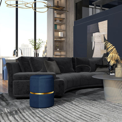 Round Ottoman Stool with Storage and Velvet-feel Upholstery - Dark Blue