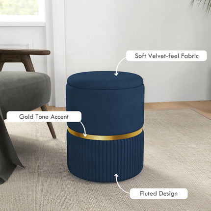 Round Ottoman Stool with Storage and Velvet-feel Upholstery - Dark Blue