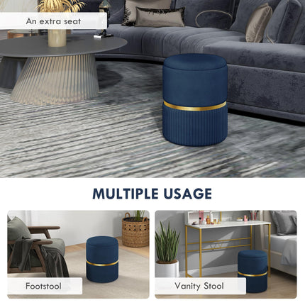 Round Ottoman Stool with Storage and Velvet-feel Upholstery - Dark Blue