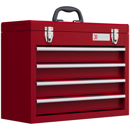 Lockable Metal Tool Chest with 4 Drawers, Ball Bearing Runners & Handle - Red