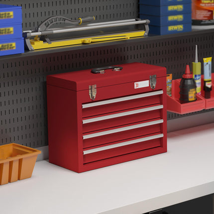 Lockable Metal Tool Chest with 4 Drawers, Ball Bearing Runners & Handle - Red