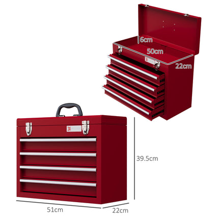 Lockable Metal Tool Chest with 4 Drawers, Ball Bearing Runners & Handle - Red