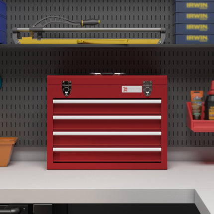 Lockable Metal Tool Chest with 4 Drawers, Ball Bearing Runners & Handle - Red