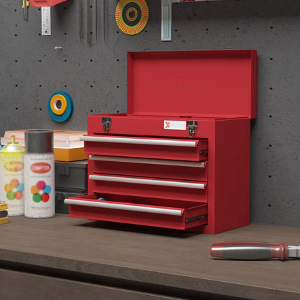 Lockable Metal Tool Chest with 4 Drawers, Ball Bearing Runners & Handle - Red