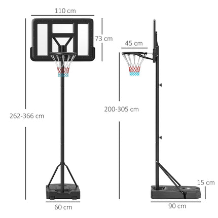 Height Adjustable Freestanding Basketball Hoop with Wheels 200-305cm - Black