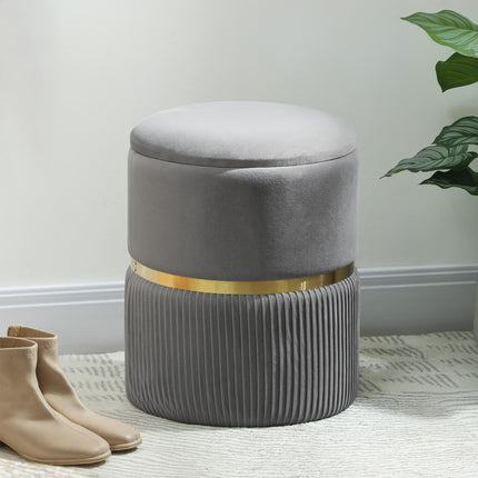 Round Ottoman Storage Stool with Velvet-Feel Upholstery and Padded Seat - Grey
