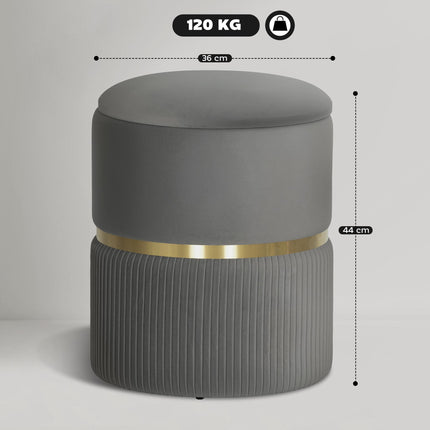 Round Ottoman Storage Stool with Velvet-Feel Upholstery and Padded Seat - Grey