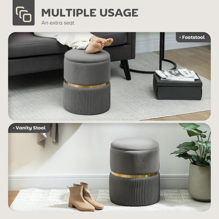 Round Ottoman Storage Stool with Velvet-Feel Upholstery and Padded Seat - Grey