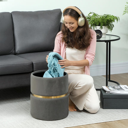 Round Ottoman Storage Stool with Velvet-Feel Upholstery and Padded Seat - Grey