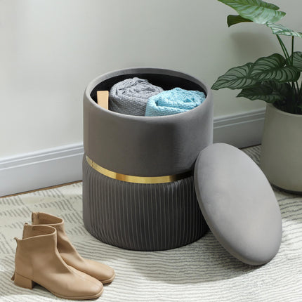 Round Ottoman Storage Stool with Velvet-Feel Upholstery and Padded Seat - Grey