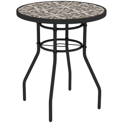 Tempered Glass Top Garden Table with Printed Design and Steel Frame 60x70cm - Tan Brown