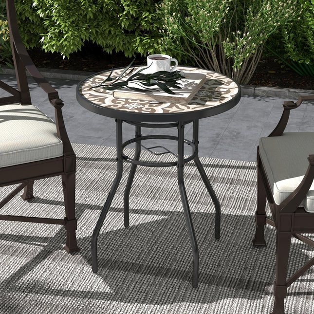 Tempered Glass Top Garden Table with Printed Design and Steel Frame 60x70cm - Tan Brown
