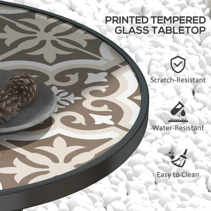 Tempered Glass Top Garden Table with Printed Design and Steel Frame 60x70cm - Tan Brown