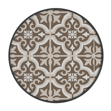 Tempered Glass Top Garden Table with Printed Design and Steel Frame 60x70cm - Tan Brown