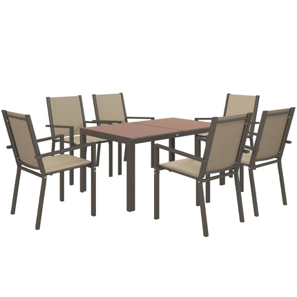 7-Piece Garden Dining Set with Wood-Plastic Composite Table and 6 Stackable Armchairs - Khaki