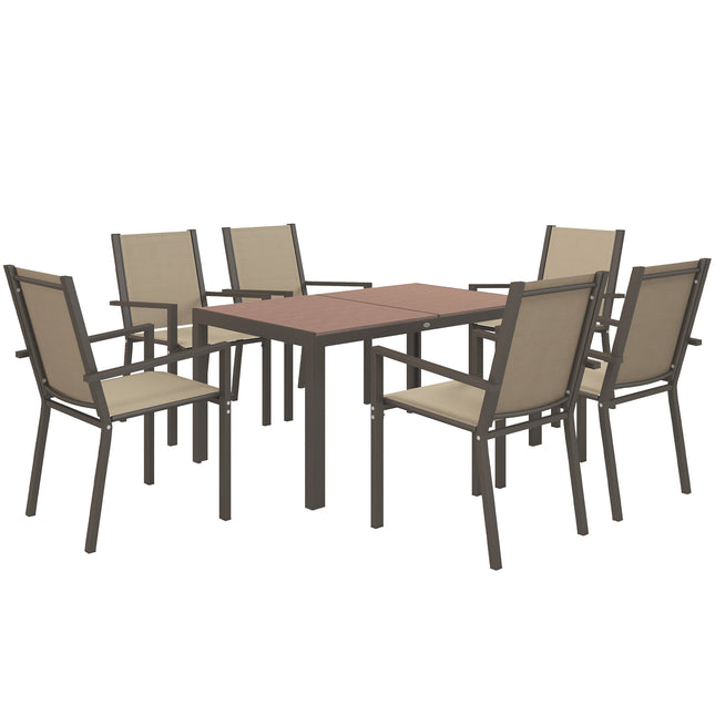 7-Piece Garden Dining Set with Wood-Plastic Composite Table and 6 Stackable Armchairs - Khaki
