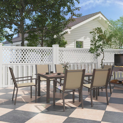 7-Piece Garden Dining Set with Wood-Plastic Composite Table and 6 Stackable Armchairs - Khaki