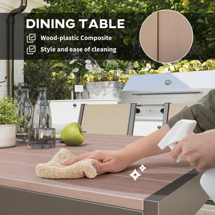 7-Piece Garden Dining Set with Wood-Plastic Composite Table and 6 Stackable Armchairs - Khaki