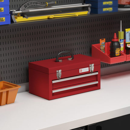 Lockable Metal 2-Drawer Tool Chest with Latches, Handle & Ball Bearing Runners - Red