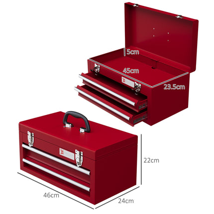 Lockable Metal 2-Drawer Tool Chest with Latches, Handle & Ball Bearing Runners - Red